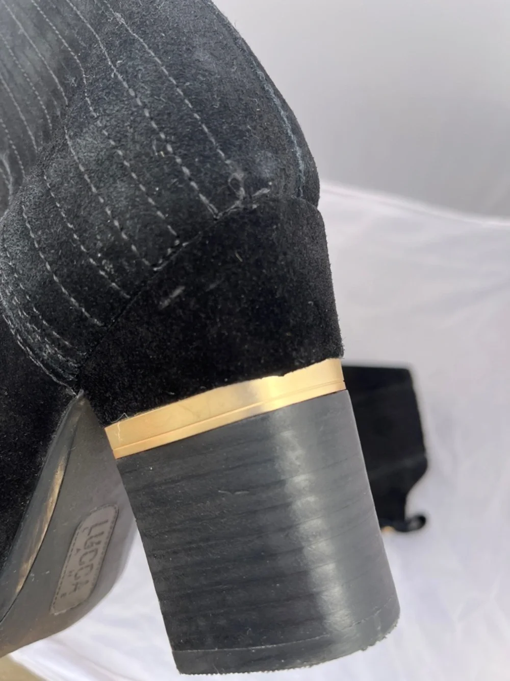 Lucca Lane Black Suede Ankle Boots Gold Hardware Accent Heel - Size 7